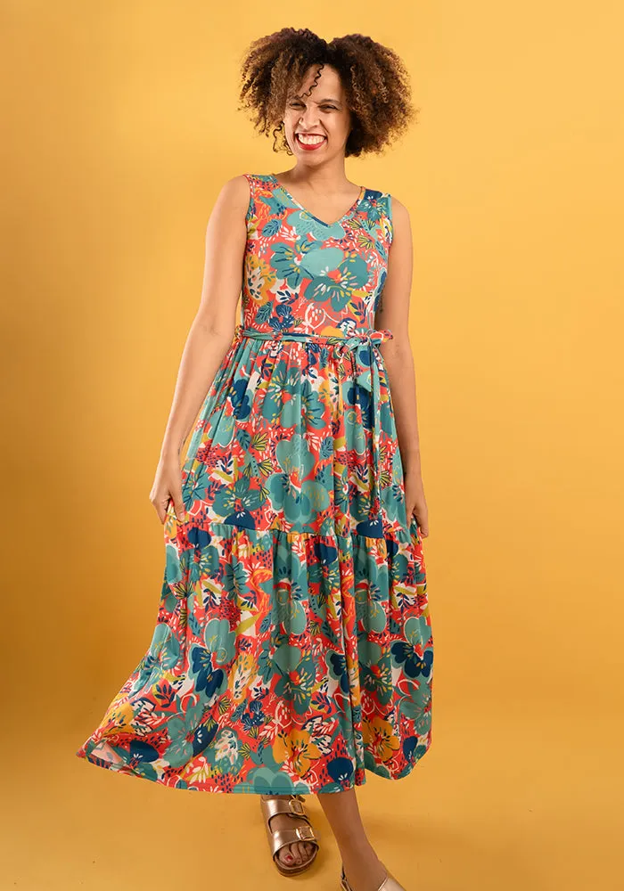 Kai Bright Floral Print Tiered Hem Midaxi Dress