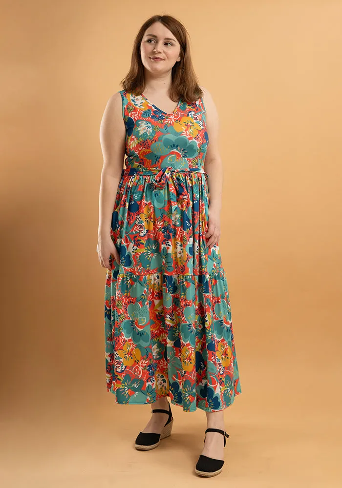 Kai Bright Floral Print Tiered Hem Midaxi Dress