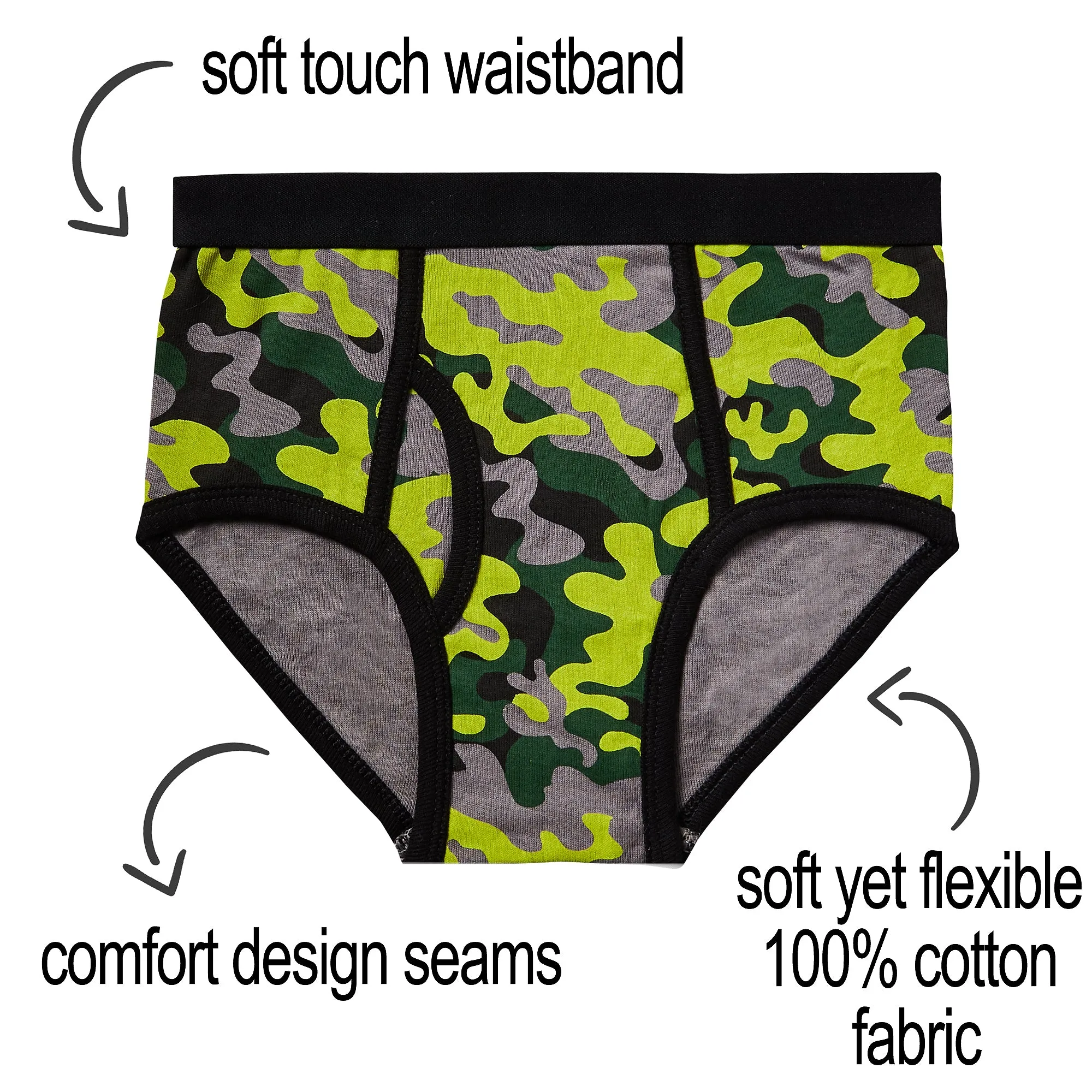 Mallary by Matthew 100% Cotton Boys Briefs Underwear 8 Pack Neon Camouflage