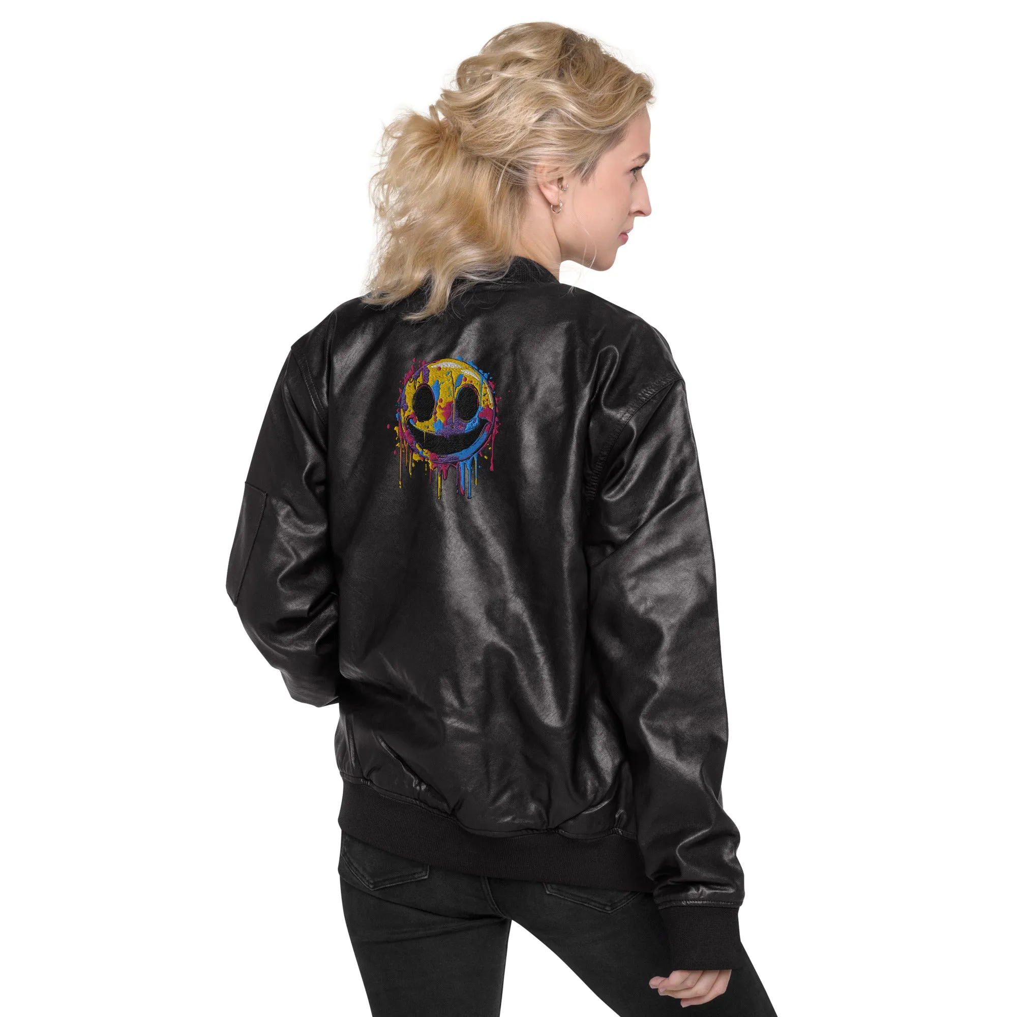 Melting Rainbow Smiley Leather Bomber Jacket