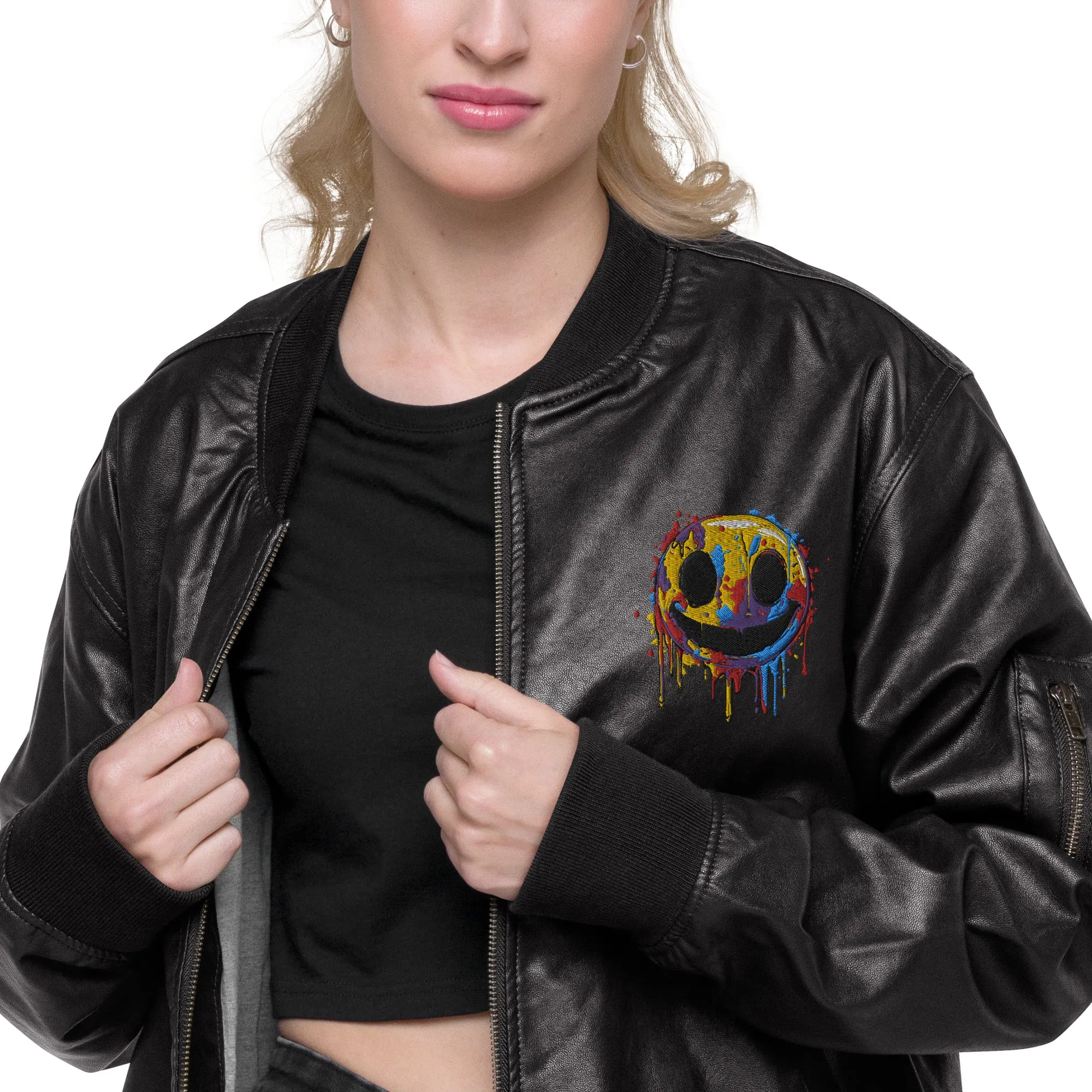 Melting Rainbow Smiley Leather Bomber Jacket