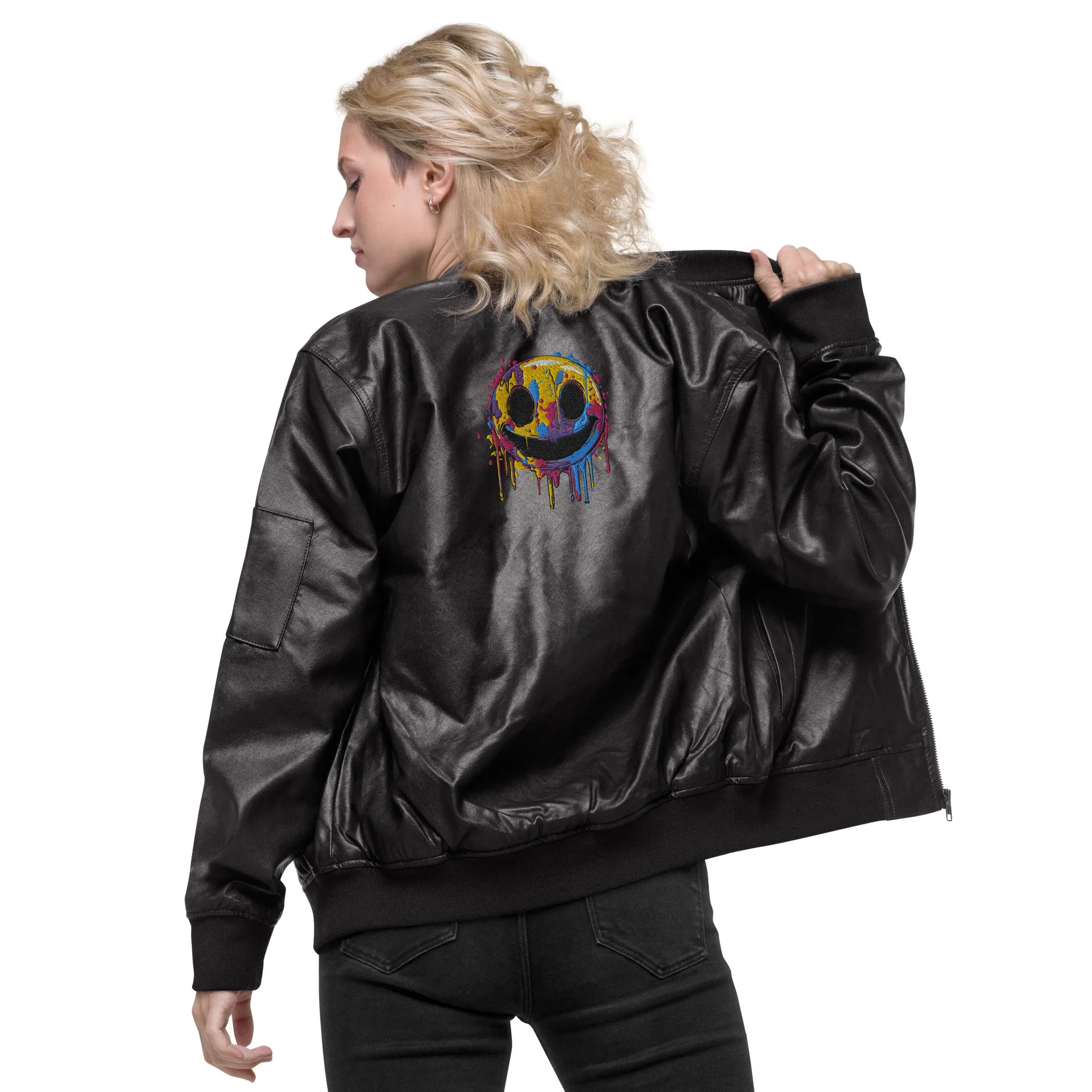 Melting Rainbow Smiley Leather Bomber Jacket