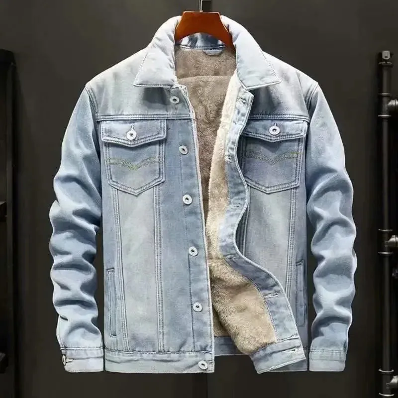 Men's Denim Jacket Loose Fit Warm Fleece Lined Casual Trendy Brand Autumn Winter Thickened Top For Casual Scene