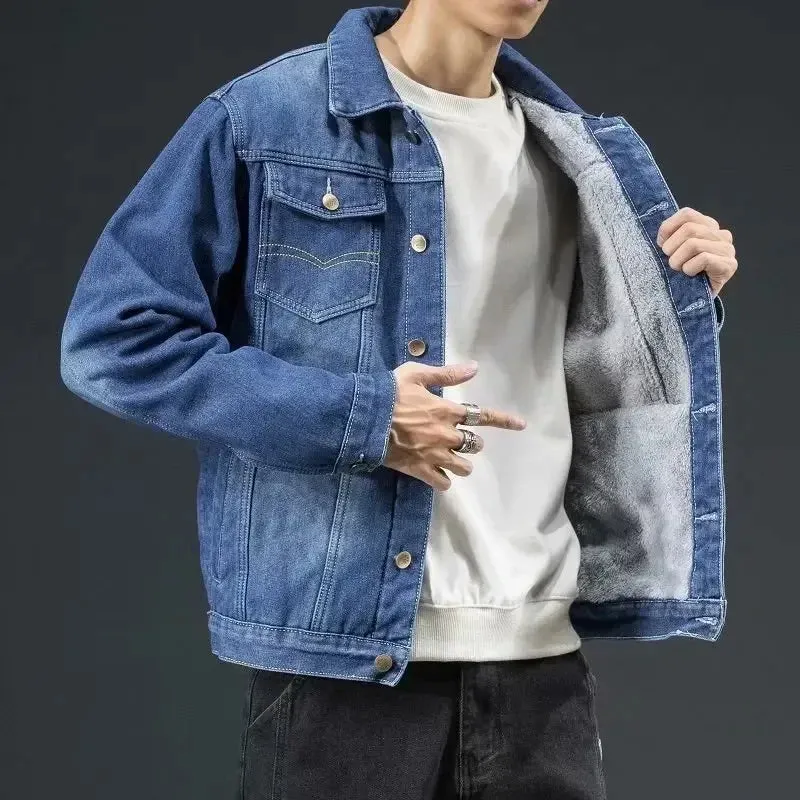 Men's Denim Jacket Loose Fit Warm Fleece Lined Casual Trendy Brand Autumn Winter Thickened Top For Casual Scene