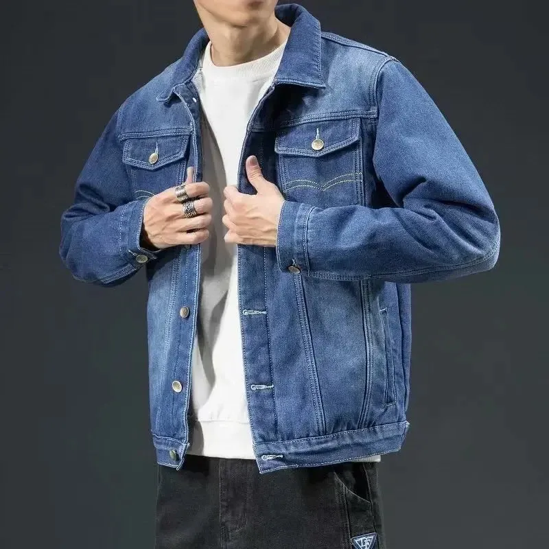 Men's Denim Jacket Loose Fit Warm Fleece Lined Casual Trendy Brand Autumn Winter Thickened Top For Casual Scene