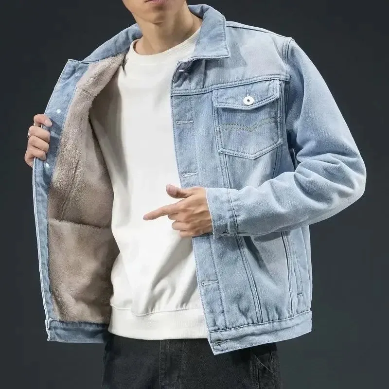 Men's Denim Jacket Loose Fit Warm Fleece Lined Casual Trendy Brand Autumn Winter Thickened Top For Casual Scene