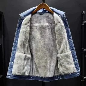 Men's Denim Jacket Loose Fit Warm Fleece Lined Casual Trendy Brand Autumn Winter Thickened Top For Casual Scene