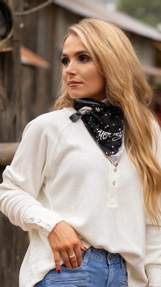 "Ladies Henley" White w/Lace Detailing Long Sleeve Thermal Shirt