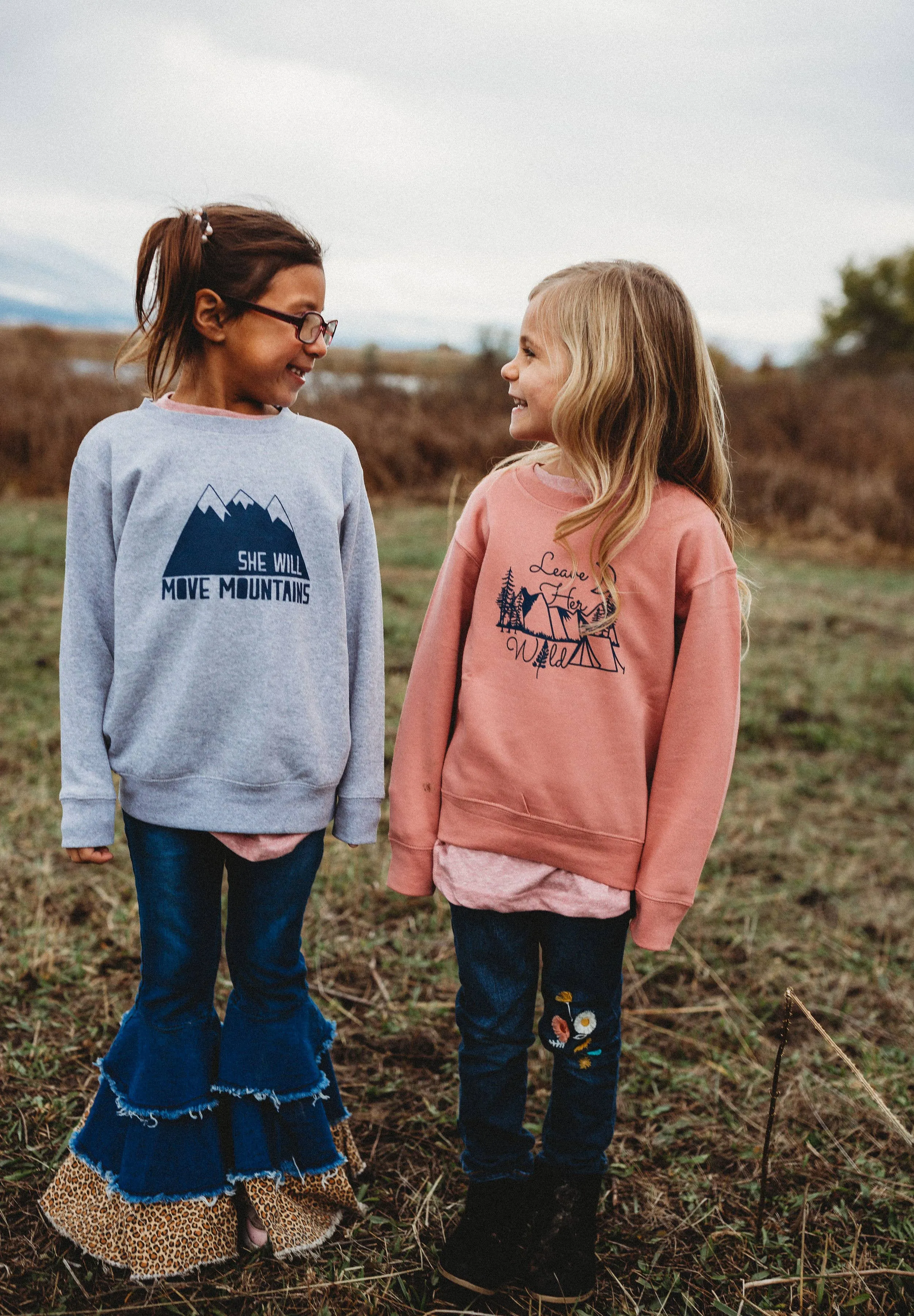 She Will Move Mountains Kids Crew: YM / Pink w/ Blue Font