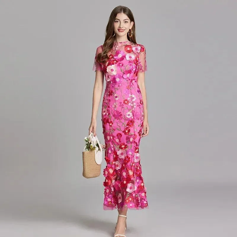 Slim Fishtail Dress with 3D Flower Embroidery and Mesh Waist Detail