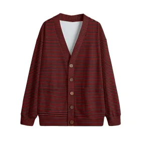 Vampire Art Black and Red Breton Stripes Unisex V-neck Knitted Fleece Cardigan With Button Closure