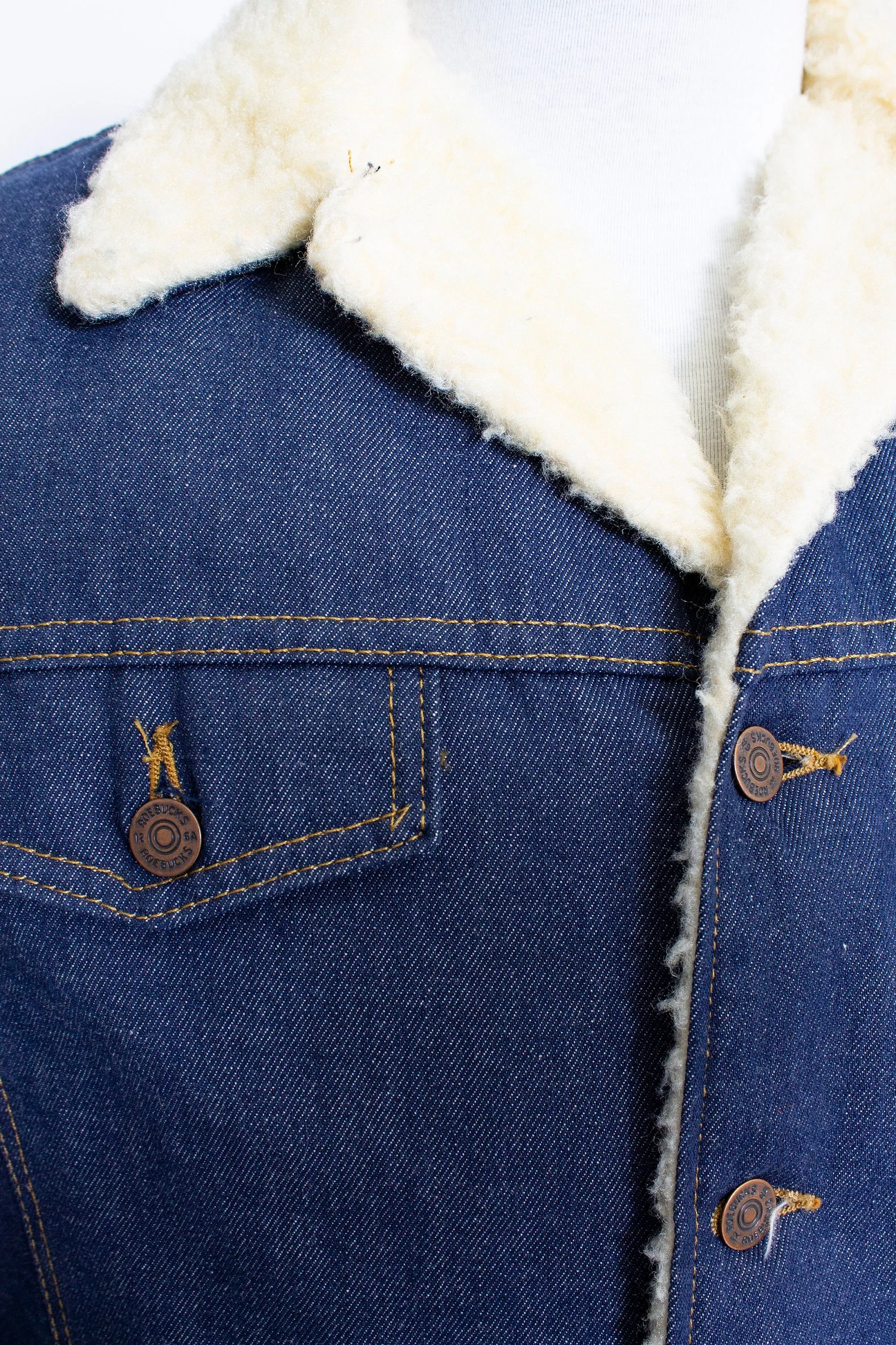 Vintage 80s Sherpa Jacket Roebucks Denim Fleece Jean Coat 1980s 42 R